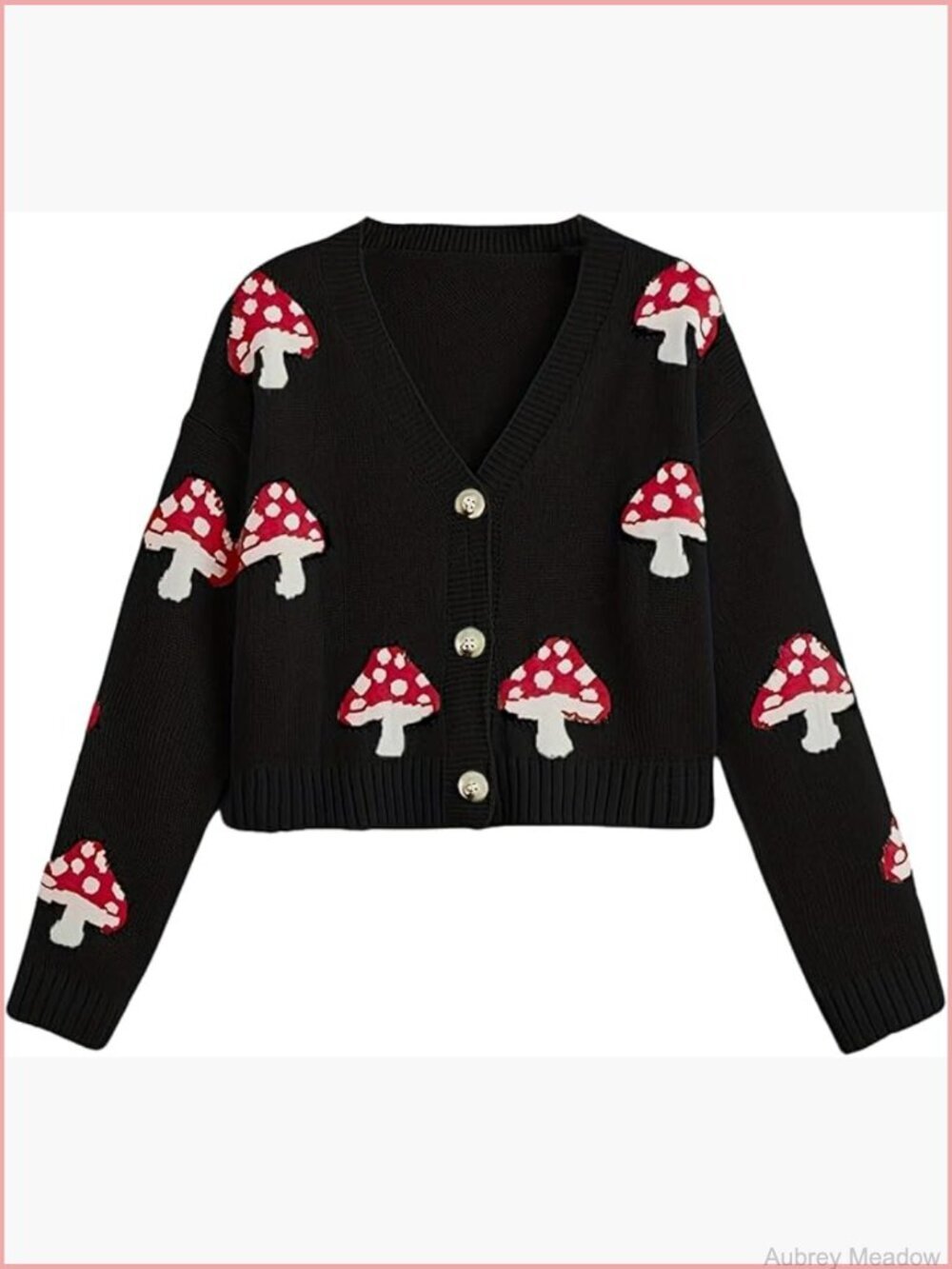 Cute Mushroom Cardigan Sweater Button Long Sleeve V Neck Knit Crop Outwear